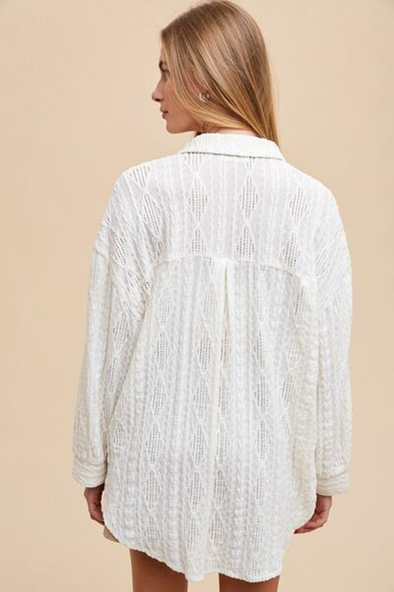 Chic Annie Wear Openwork Button-Down Drop Shoulder Shirt for Effortless Style