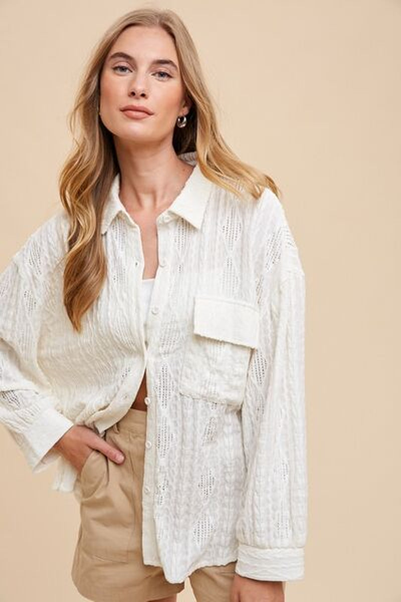 Chic Annie Wear Openwork Button-Down Drop Shoulder Shirt for Effortless Style