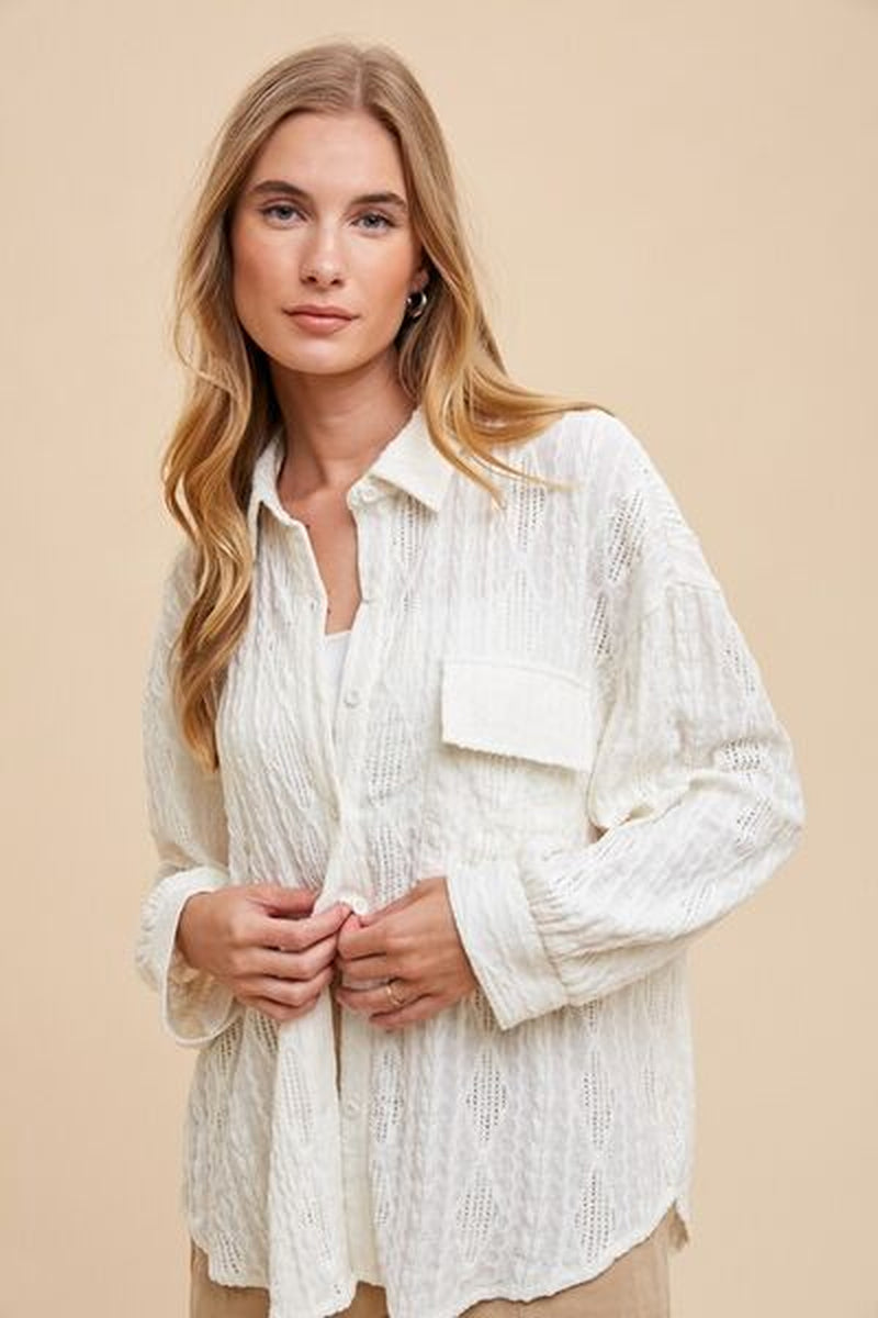 Chic Annie Wear Openwork Button-Down Drop Shoulder Shirt for Effortless Style