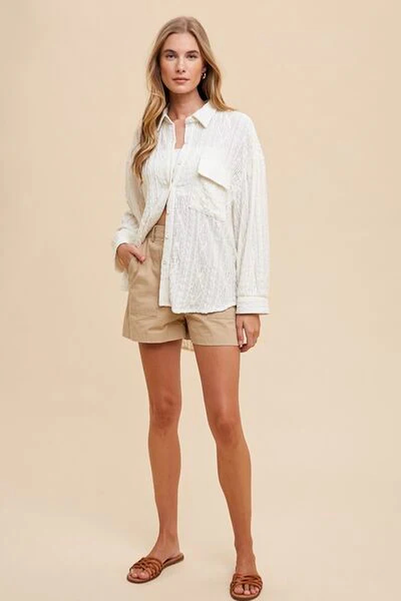 Chic Annie Wear Openwork Button-Down Drop Shoulder Shirt for Effortless Style