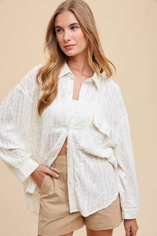 Chic Annie Wear Openwork Button-Down Drop Shoulder Shirt for Effortless Style