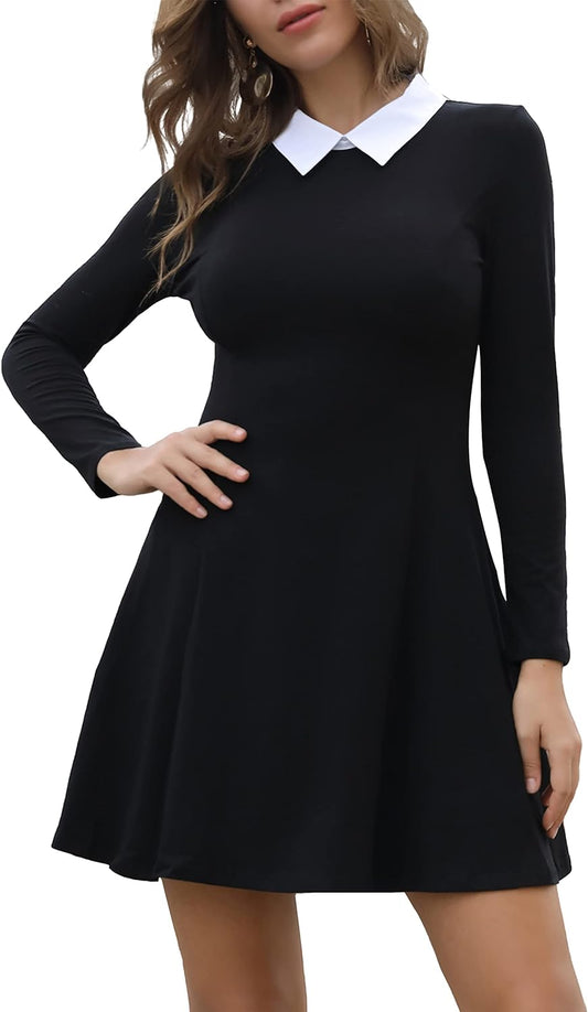 Chic Women's Long Sleeve Fall Dress 2025 - Casual Peter Pan Collar A-Line Skater Goth Style